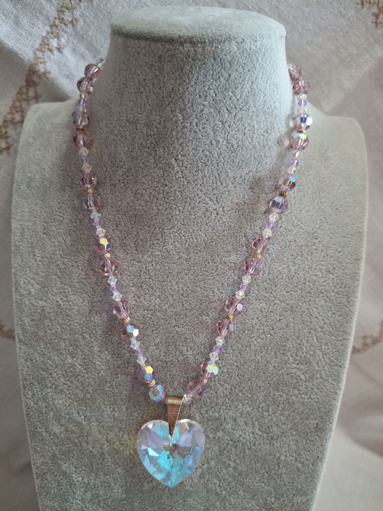 Vintage Artisan Handmade Lavender Swarovski Crystal & Heart Pendant Necklace 925