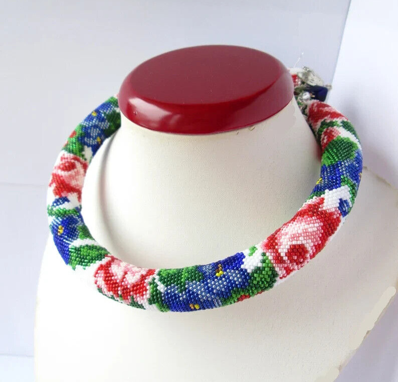 Floral beaded necklace Blossom necklace Roses violets Delicate Bib Beaded choker