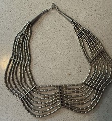 Vtg Silver Toned Beaded Bib Cleopatra Style Necklace Slinky Choker Boho Chic