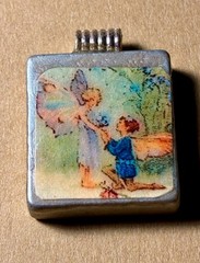 5 Handmade Wooden Tile Art Pendants Fairy Bird Nouveau Circus Unique Retro Boho