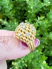 VINTAGE 18K YELLOW GOLD DIAMOND BOMBE HONEY COMB RING LARGE SOLID HEAVY CUSTOM