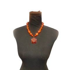 Vintage Korea Carnelian Rose Pendant Necklace Hand Carved Statement Floral 111g