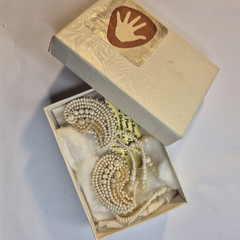 Vtg Artisan Hand Beaded Fringe Earrings Ivory Pearl Seed Bead New Orleans OOAK