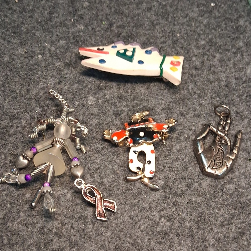 Lot of 3 Multicolor Brooches & Pins – Fish, Clown, Doll, Mixed Materials