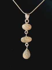 Unique Fossilized Coral 3-Stone Pendant 925 Sterling Silver 2.2″ Long Beautiful!