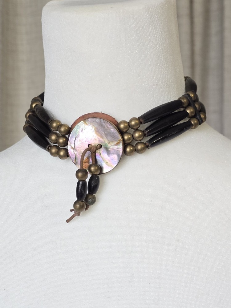 Vintage Indigenous Abalone Brass Bead Leather Choker Necklace – Regalia
