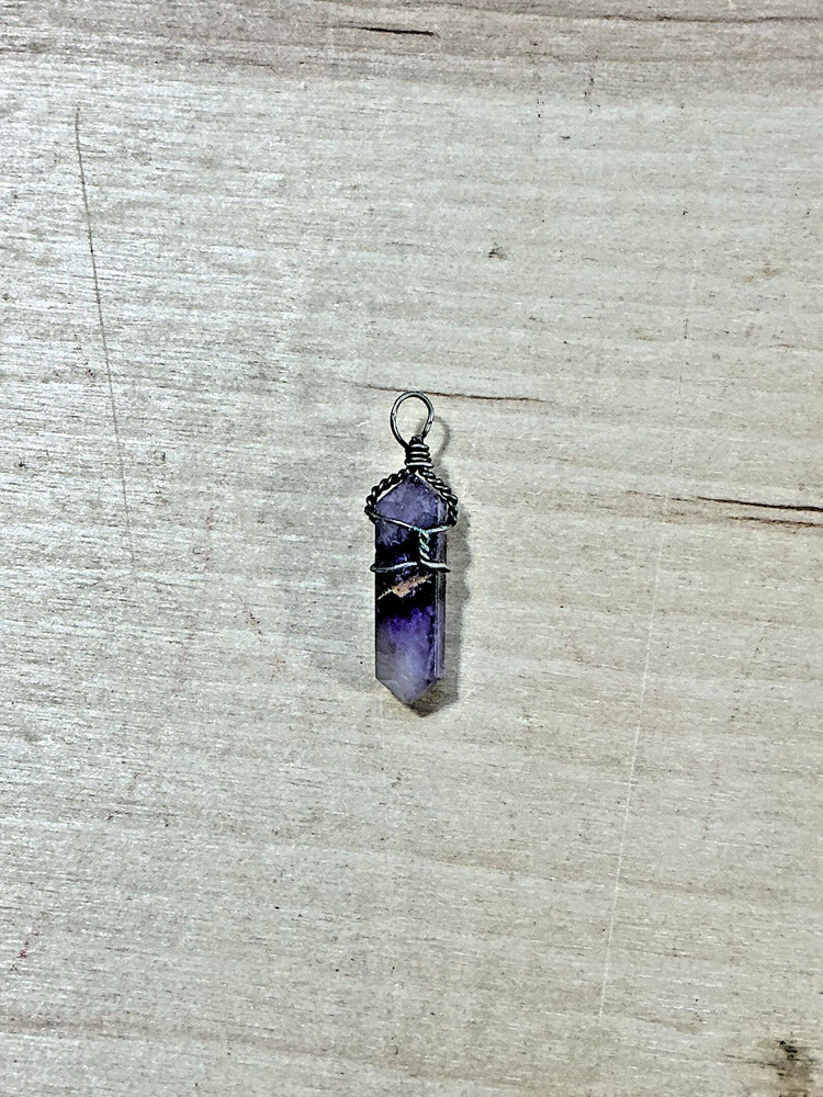 Wire Wrapped Amethyst Crystal Point Pendant Purple Stone Hexagonal Charm