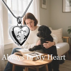 Paw Print Heart Pet Ashes Silver Memorial Necklace For Dog & Cat Ashes