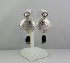 Rhonda Shikanai Sterling Silver Red Garnet Color Eye Fish & Black Onyx Earrings