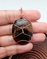 Copper Wire Wrap Tigers Eye Pendant. Handmade, Oval 2.25″