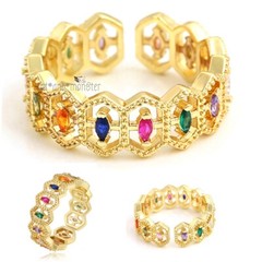 9K YELLOW GOLD FILLED FILIGREE DIAMOND SHAPE BAND RAINBOW CRYSTAL CUFF WRAP RING