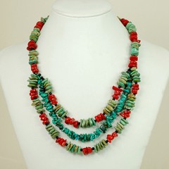 3 strands Green & Blue Turquoise & Red Coral Silver Toggle Necklace 18.5″