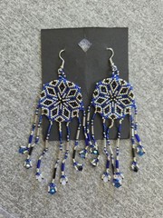 Prison Made Beaded Dangle/Drop Hook Earrings 7 Point Rosette Blue Silver Black