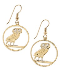 Owl Earrings (Greece)14 K Gold and Rhodium Plated, 7/8″ in Diameter, ( # 143E )
