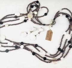 Black White Gray Long Layered Beaded Necklace And Stud Earrings Artisan 2ps Set