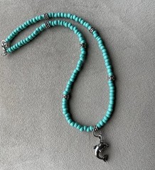 Dolphin Pendant Turquoise Blue Beaded Silver Tone Choker Necklace Unisex
