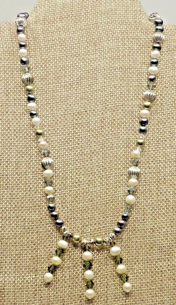 A30) Olive Green Crystals w/ Gray and Cream Freshwater Pearls Necklace