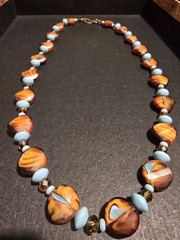 Vintage Orange & Brown Blue Twisted Art Glass Bead Necklace Swarovski