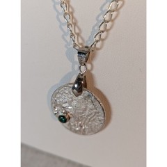 Silver retriculated coin Pendant 1″ ,SP chain 24″ Blue bezel set stone NWT