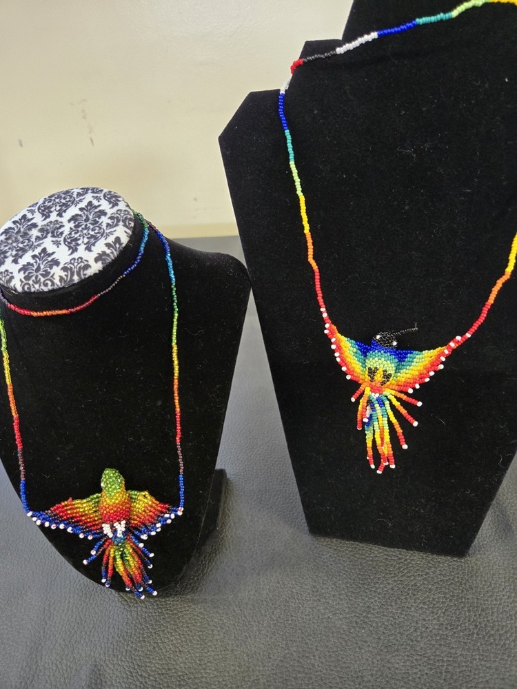 Two Vntg multi Color beaded Hummingbird Necklaces From Mexico 16″, Very Pretty