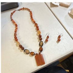 Handcrafted Agate Jewelry Set Necklace Earrings Orange Brown Bohemian Women