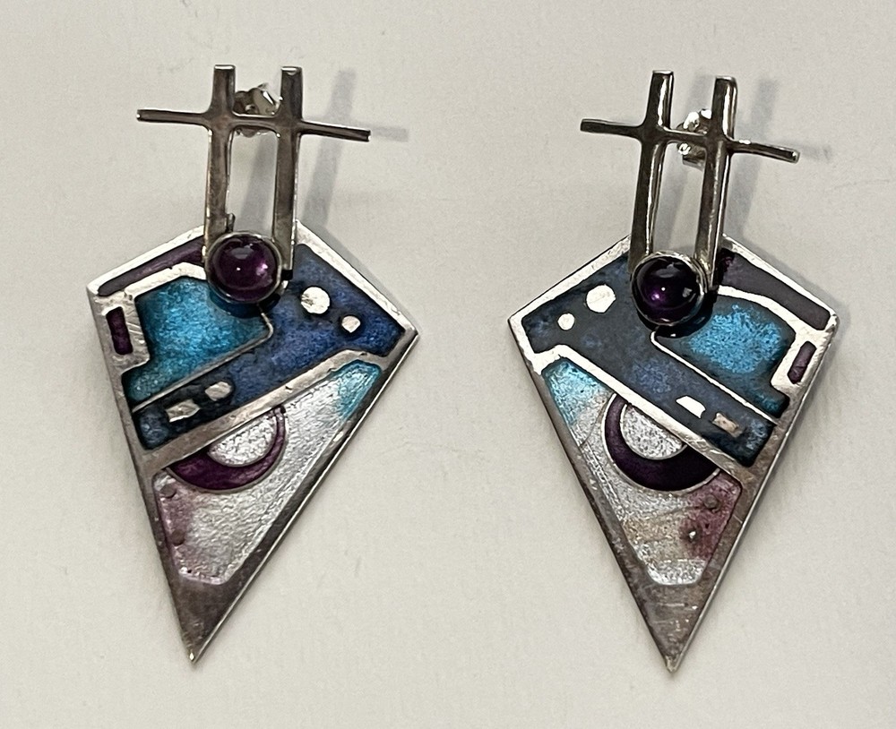 Modernist Silver Teal Enamel Inlay Earrings Triangle Shape Purple Cabachon 1980s