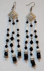 Dangle Drop Earrings – WHITE CAT EYE, Rhinestones, Faux Black Stones 4 1/2 in LG