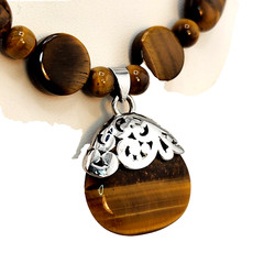 Sterling Silver Cap Tiger’s Eye 18″ Necklace 7″ Bracelet Oval Button Round Beads