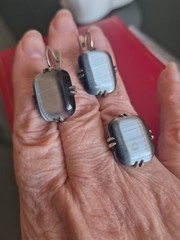 SILVER GP Gray Tiger Eye 2PC Set Ring Size 7 & Leverback EARRING 1.3″ NWOT