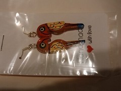 Hand Carved Wooden Parrot Earrings Brown, Beige, Blue 3D