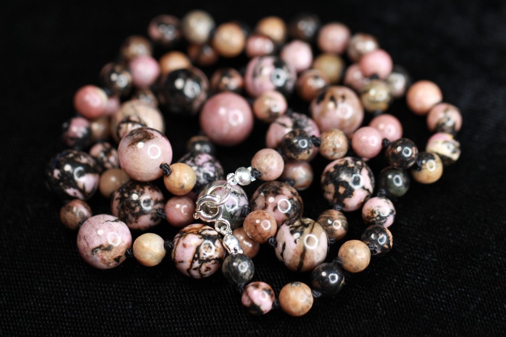 Rhodonite Necklace Pink Black Ball Natural Gemstone Silk Knotted Hand Tied 26″