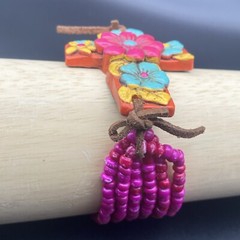 Boho Cross Bracelet Bright Floral Stretch Charm Seed Beads Leather Handmade