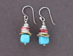 Turquoise Cube Red Coral Hill Tribe Gold Silver Handcrafted Stack Earrings