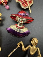 Vintage Fashion Lady & Red Hat Figurine Brooch Lot of 10 Enamel Rhinestone
