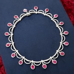 Round Brilliant Cut Lab Diamonds Ruby Wedding Necklace in 925 Fine Silver