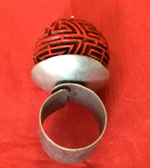 Handmade Artist Design Large Ring Big Red Embossed Ball Adjustable