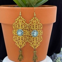 Adorned Crown Jewelry assemblage blue rhinestone hand filigree earrings