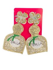 LARGE Tequila Bottle Quality Hand Beaded Felt Backed Earrings White/Silver/Green