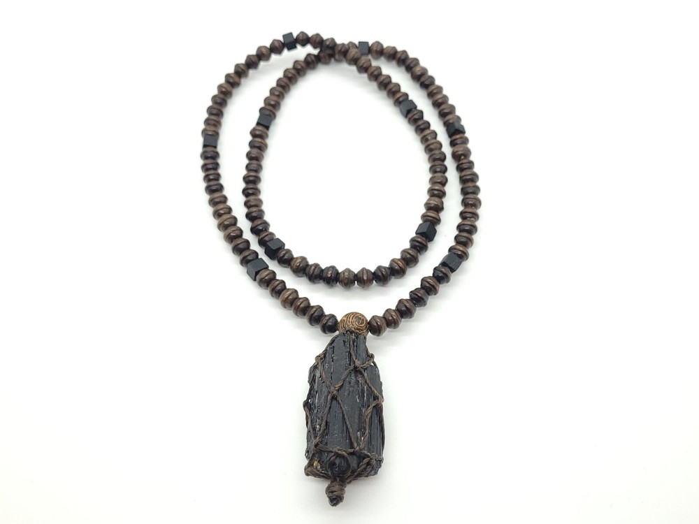 Black Tourmaline 20x45mm Macrame Handmade Necklace with Wood Beads,24 inches