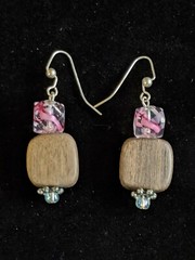 Artisan Silver Tone Wood Bead Pink Lampwork Bead Drop Dangle Earrings