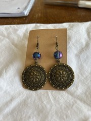 Handmade Antique Brass Earrings, AB Faceted Glass Beads, Brass Charms