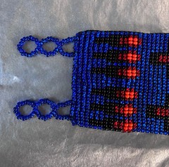 Navajo Blue Seed Beaded Artisan Wrap Bracelet with Colorful Geometric Design 8″
