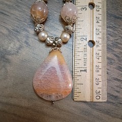 Vintage Peach Crazy Lace Agate Pendant Necklace Faux Pearl Beaded Silver Toggle