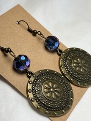 Handmade Antique Brass Earrings, AB Faceted Glass Beads, Brass Charms