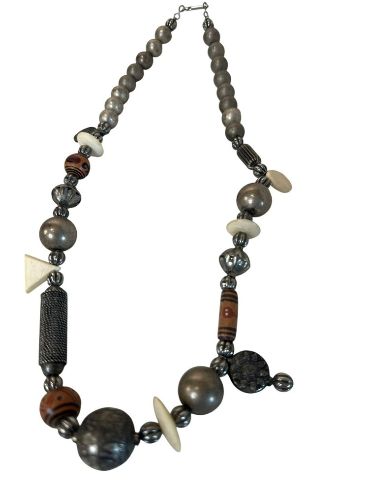 Handmade Mixed Bead Necklace Silver & Cream Geometric Accents Tribal Boho