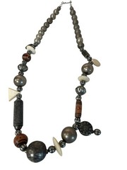 Handmade Mixed Bead Necklace Silver & Cream Geometric Accents Tribal Boho