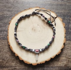 Gray Hemp Necklace / Choker with Quartz Crystal Pendant and Glass Beads