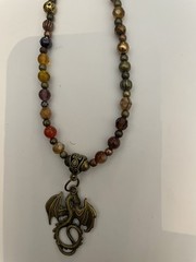 Retro Gothic Dragon Brass Pendant Hematite Agate Crystal Jasper Bead Necklace
