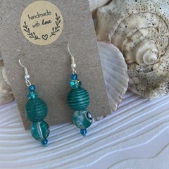 Boho style Teal Earrings Handcrafted Glass Wood Acrylic Sterling Silver