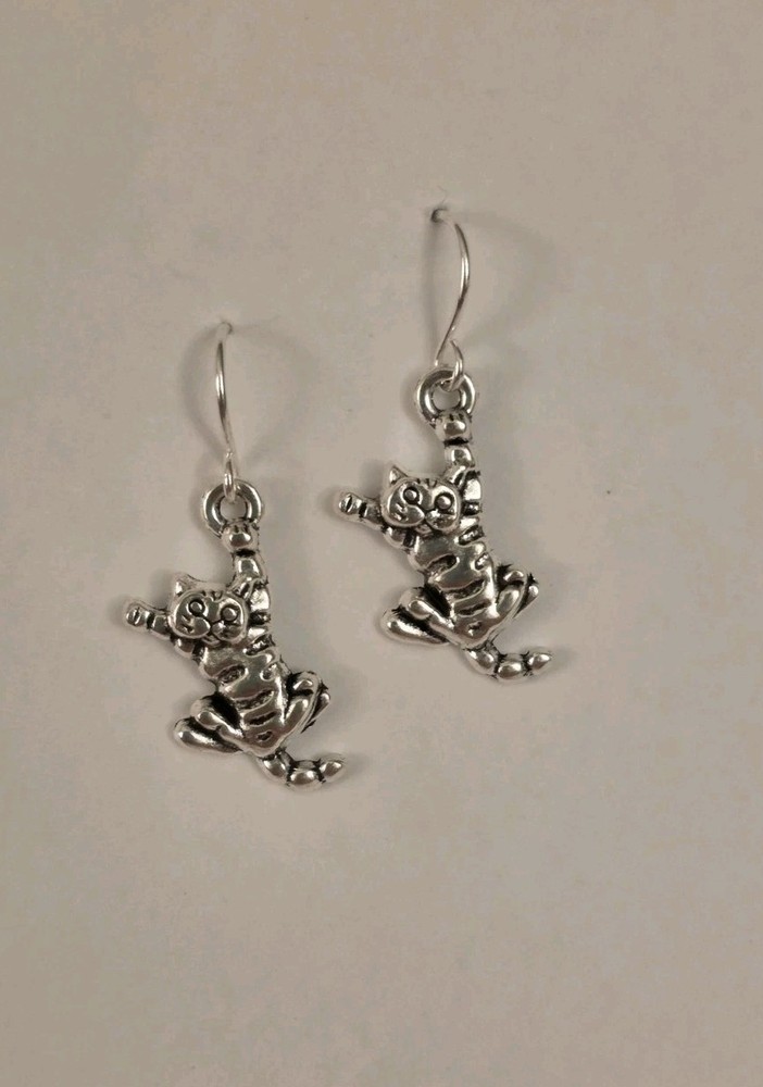 Sterling Silver Hooks Cat Pewter Charm Earrings Free Shipping